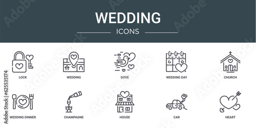 set of 10 outline web wedding icons such as lock, wedding, dove, wedding day, church, dinner, champagne vector icons for report, presentation, diagram, web design, mobile app