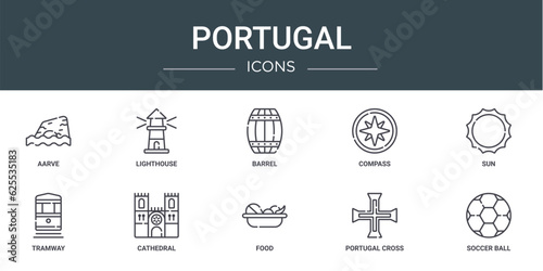set of 10 outline web portugal icons such as aarve, lighthouse, barrel, compass, sun, tramway, cathedral vector icons for report, presentation, diagram, web design, mobile app