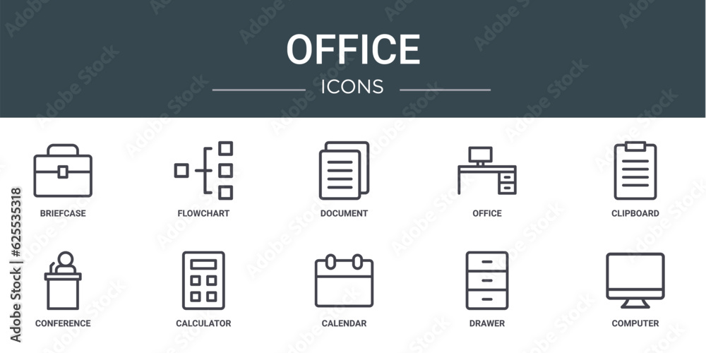 set of 10 outline web office icons such as briefcase, flowchart, document, office, clipboard, conference, calculator vector icons for report, presentation, diagram, web design, mobile app