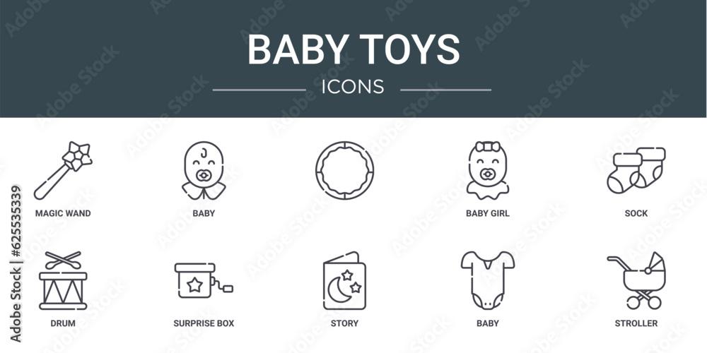 set of 10 outline web baby toys icons such as magic wand, baby, , baby girl, sock, drum, surprise box vector icons for report, presentation, diagram, web design, mobile app