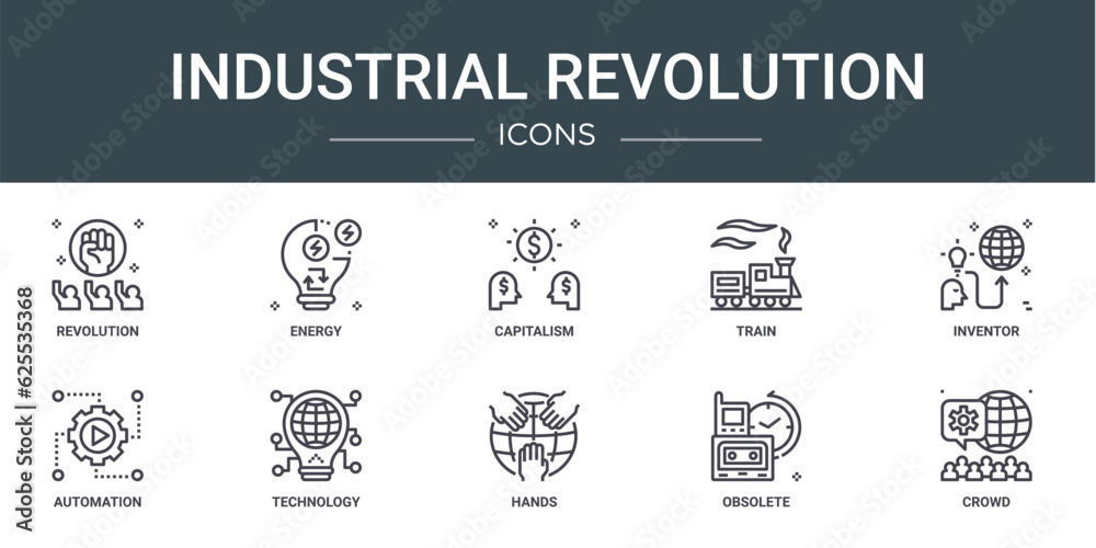 set of 10 outline web industrial revolution icons such as revolution, energy, capitalism, train, inventor, automation, technology vector icons for report, presentation, diagram, web design, mobile