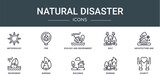 set of 10 outline web natural disaster icons such as meteorology, fire, ecology and environment, bolt, architecture and city, enviroment, burning vector icons for report, presentation, diagram, web