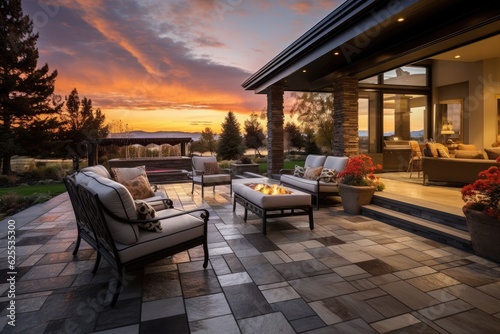 Gorgeous patio in a stunning home, offering a view of the sunset and a tranquil reflection.