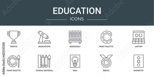 set of 10 outline web education icons such as trophy, microscope, bookshelf, paint palette, laptop, paint palette, school material vector icons for report, presentation, diagram, web design, mobile