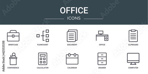 set of 10 outline web office icons such as briefcase, flowchart, document, office, clipboard, conference, calculator vector icons for report, presentation, diagram, web design, mobile app