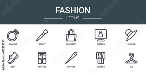 set of 10 outline web fashion icons such as diamond, beauty, accessory, clothes, clothes, boot, clothes vector icons for report, presentation, diagram, web design, mobile app