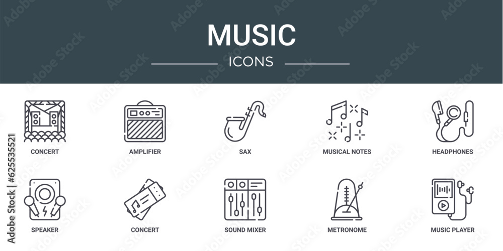 set of 10 outline web music icons such as concert, amplifier, sax, musical notes, headphones, speaker, concert vector icons for report, presentation, diagram, web design, mobile app