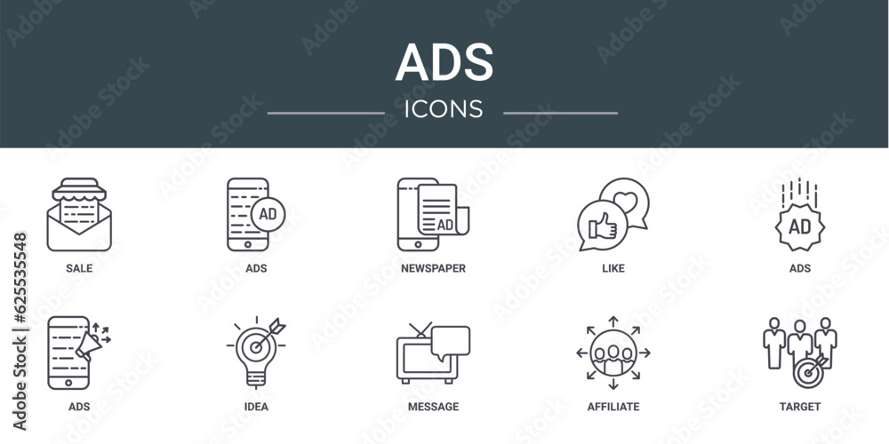 set of 10 outline web ads icons such as sale, ads, newspaper, like, ads, idea vector icons for report, presentation, diagram, web design, mobile app