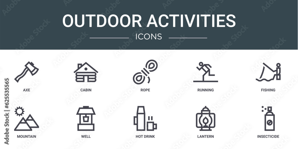 set of 10 outline web outdoor activities icons such as axe, cabin, rope, running, fishing, mountain, well vector icons for report, presentation, diagram, web design, mobile app