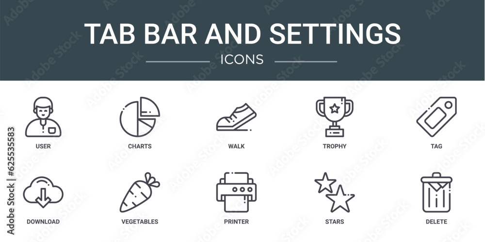 set of 10 outline web tab bar and settings icons such as user, charts, walk, trophy, tag, download, vegetables vector icons for report, presentation, diagram, web design, mobile app