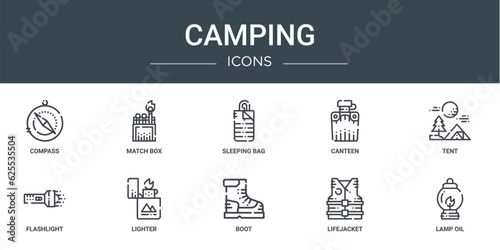 set of 10 outline web camping icons such as compass, match box, sleeping bag, canteen, tent, flashlight, lighter vector icons for report, presentation, diagram, web design, mobile app