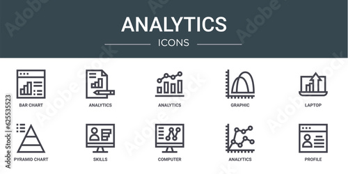 set of 10 outline web analytics icons such as bar chart, analytics, analytics, graphic, laptop, pyramid chart, skills vector icons for report, presentation, diagram, web design, mobile app