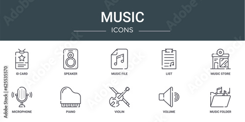 set of 10 outline web music icons such as id card, speaker, music file, list, music store, microphone, piano vector icons for report, presentation, diagram, web design, mobile app
