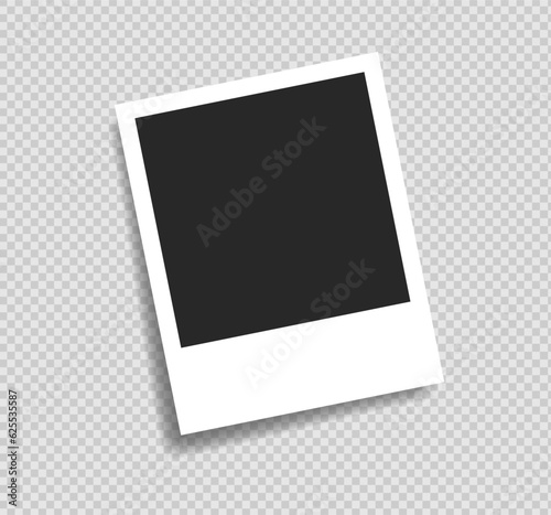 Realistic polaroid photo template. Empty photo frame mock up with shadow. Vintage card. Vector illustration on transparent background.