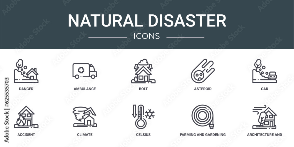 set of 10 outline web natural disaster icons such as danger, ambulance, bolt, asteroid, car, accident, climate vector icons for report, presentation, diagram, web design, mobile app