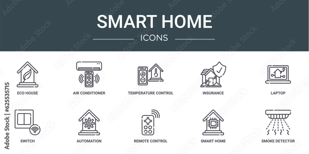 set of 10 outline web smart home icons such as eco house, air conditioner, temperature control, insurance, laptop, switch, automation vector icons for report, presentation, diagram, web design,