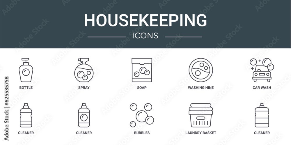 set of 10 outline web housekeeping icons such as bottle, spray, soap, washing hine, car wash, cleaner, cleaner vector icons for report, presentation, diagram, web design, mobile app