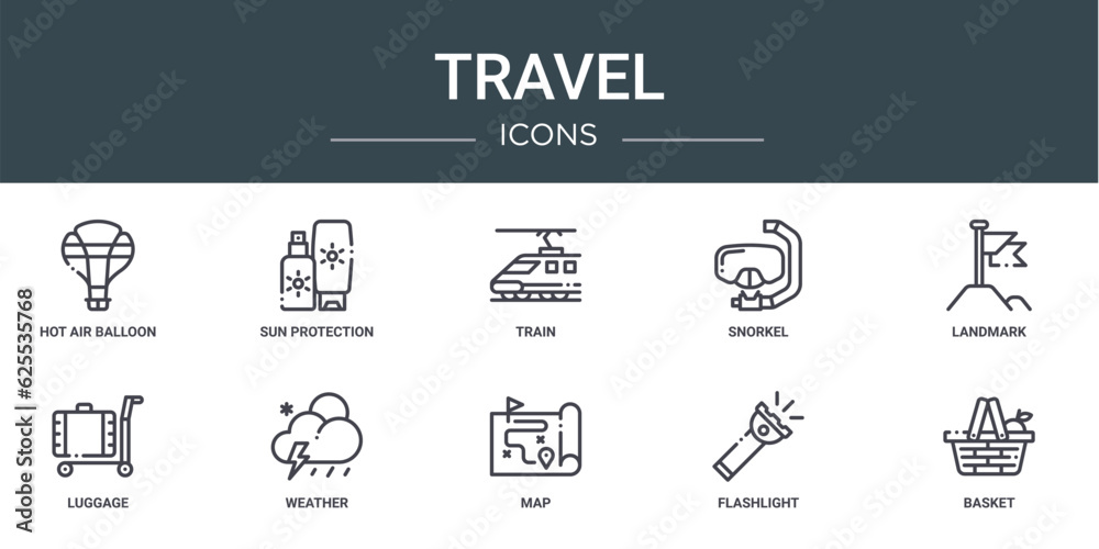 set of 10 outline web travel icons such as hot air balloon, sun protection, train, snorkel, landmark, luggage, weather vector icons for report, presentation, diagram, web design, mobile app