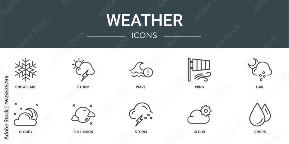set of 10 outline web weather icons such as snowflake, storm, wave, wind, hail, cloudy, full moon vector icons for report, presentation, diagram, web design, mobile app