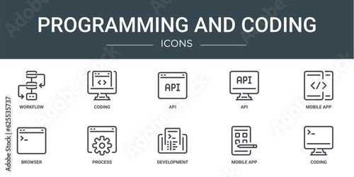 set of 10 outline web programming and coding icons such as workflow, coding, api, api, mobile app, browser, process vector icons for report, presentation, diagram, web design, mobile app