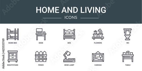 set of 10 outline web home and living icons such as bunk bed, desk, bed, flowers, wc, nightstand, fence vector icons for report, presentation, diagram, web design, mobile app © MacroOne
