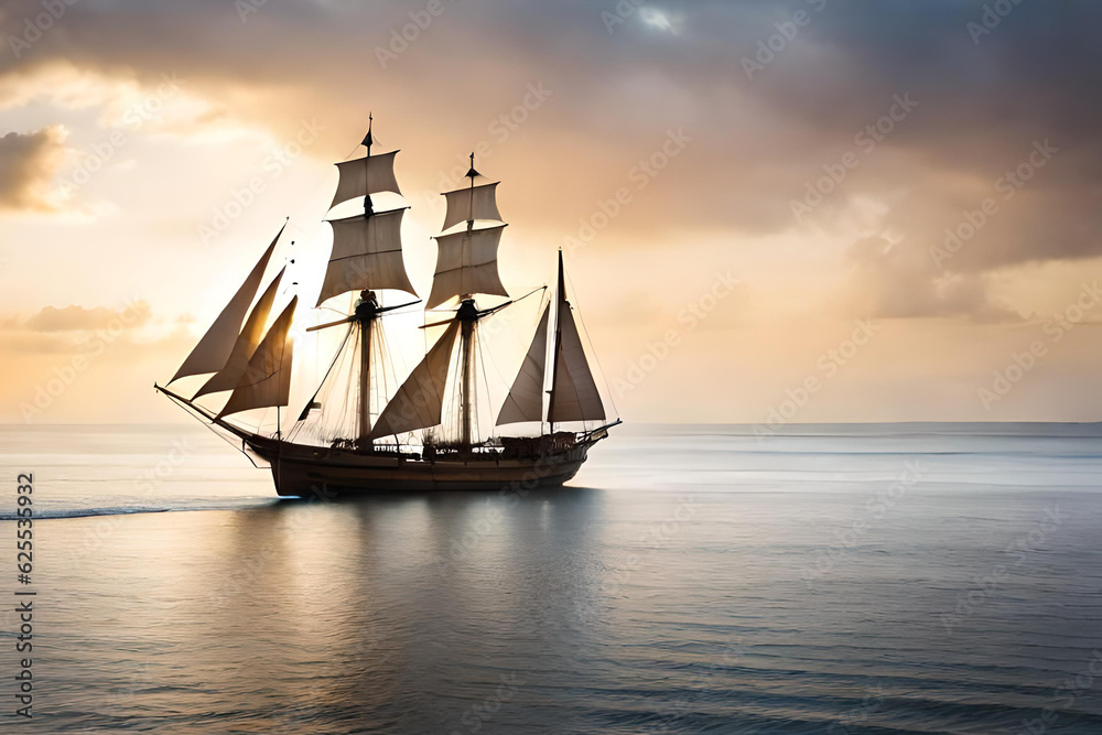 old styled wooden sailing ship in the sea cruising over beautiful sunset sky with clouds created with generative ai technology