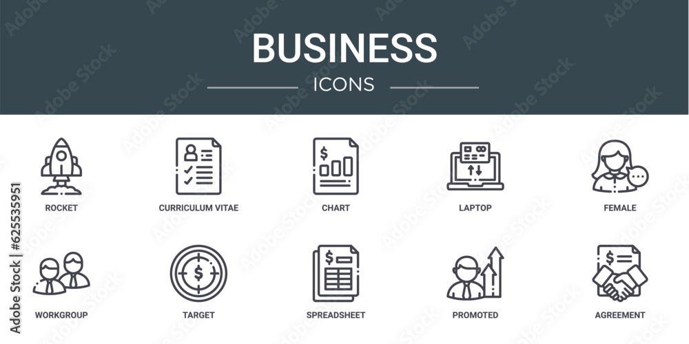 set of 10 outline web business icons such as rocket, curriculum vitae, chart, laptop, female, workgroup, target vector icons for report, presentation, diagram, web design, mobile app