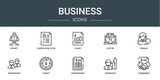 set of 10 outline web business icons such as rocket, curriculum vitae, chart, laptop, female, workgroup, target vector icons for report, presentation, diagram, web design, mobile app