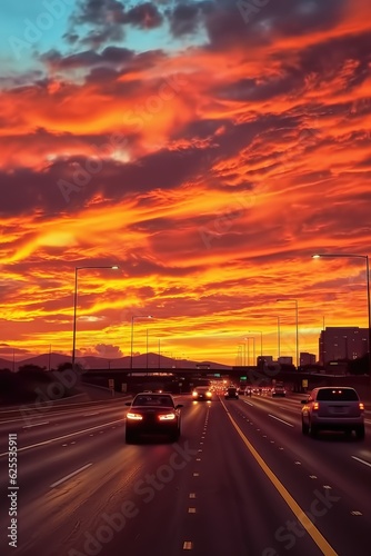 Sunset at the arizona freeway, in the style of vibrant and lively hues. Generative AI © piai