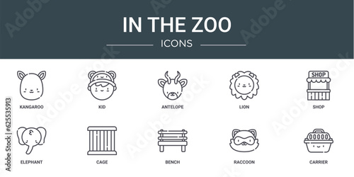 set of 10 outline web in the zoo icons such as kangaroo, kid, antelope, lion, shop, elephant, cage vector icons for report, presentation, diagram, web design, mobile app
