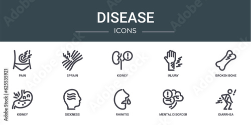 set of 10 outline web disease icons such as pain, sprain, kidney, injury, broken bone, kidney, sickness vector icons for report, presentation, diagram, web design, mobile app