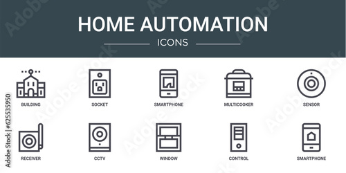 set of 10 outline web home automation icons such as building, socket, smartphone, multicooker, sensor, receiver, cctv vector icons for report, presentation, diagram, web design, mobile app