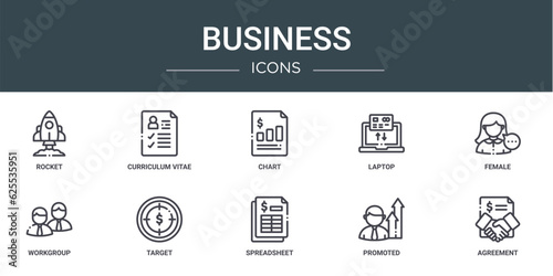 set of 10 outline web business icons such as rocket, curriculum vitae, chart, laptop, female, workgroup, target vector icons for report, presentation, diagram, web design, mobile app