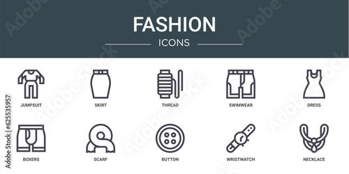 set of 10 outline web fashion icons such as jumpsuit, skirt, thread, swimwear, dress, boxers, scarf vector icons for report, presentation, diagram, web design, mobile app