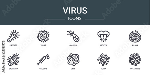 set of 10 outline web virus icons such as protist, virus, giardia, mouth, prion, excavata, vaccine vector icons for report, presentation, diagram, web design, mobile app