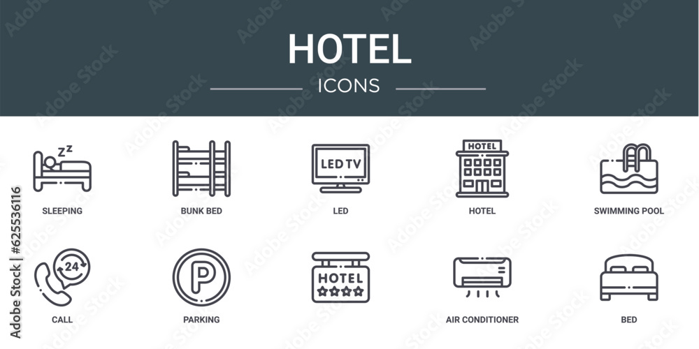 set of 10 outline web hotel icons such as sleeping, bunk bed, led, hotel, swimming pool, call, parking vector icons for report, presentation, diagram, web design, mobile app