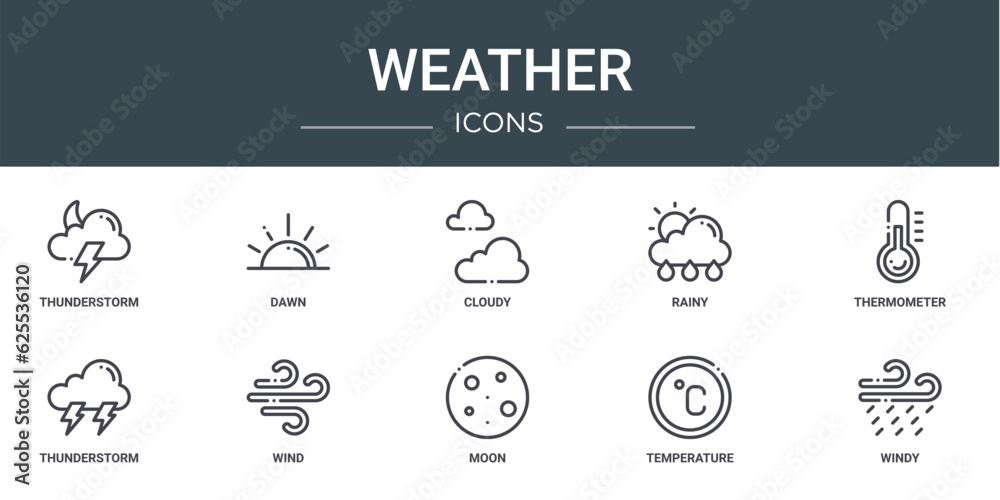 set of 10 outline web weather icons such as thunderstorm, dawn, cloudy, rainy, thermometer, thunderstorm, wind vector icons for report, presentation, diagram, web design, mobile app