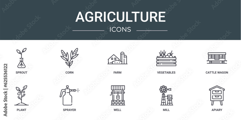 set of 10 outline web agriculture icons such as sprout, corn, farm, vegetables, cattle wagon, plant, sprayer vector icons for report, presentation, diagram, web design, mobile app