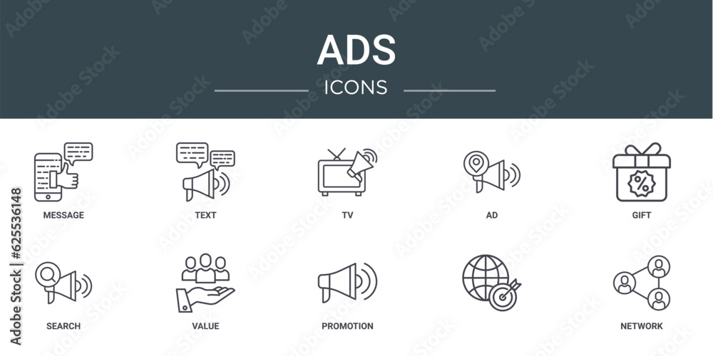 set of 10 outline web ads icons such as message, text, tv, ad, gift, search, value vector icons for report, presentation, diagram, web design, mobile app