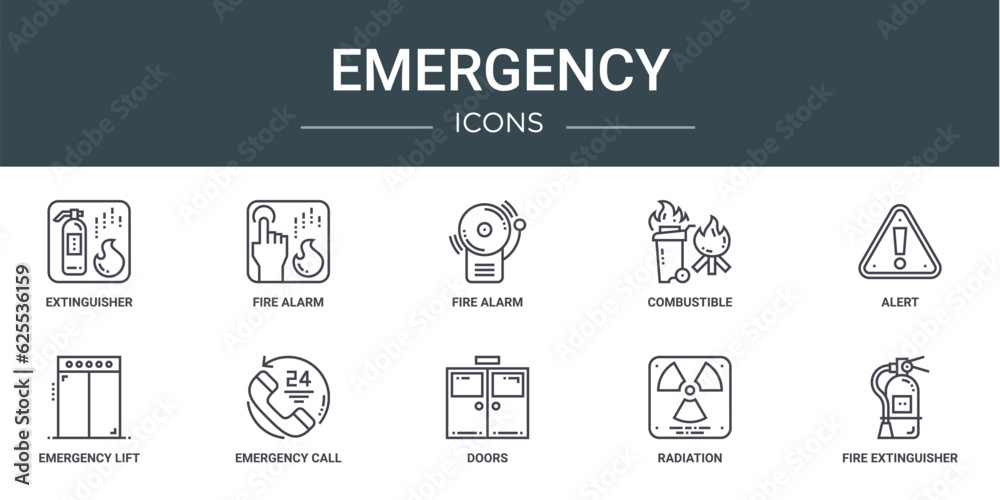 set of 10 outline web emergency icons such as extinguisher, fire alarm, fire alarm, combustible, alert, emergency lift, emergency call vector icons for report, presentation, diagram, web design,