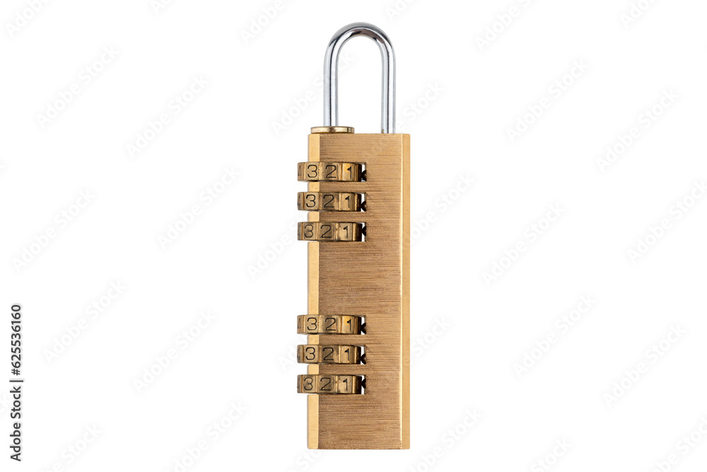 Lock for doors on a white background. Golden color padlock closeup isolated on white background. Lock for doors on a white background. Golden color padlock closeup isolated on white background.