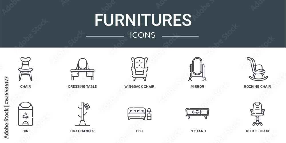 set of 10 outline web furnitures icons such as chair, dressing table, wingback chair, mirror, rocking chair, bin, coat hanger vector icons for report, presentation, diagram, web design, mobile app