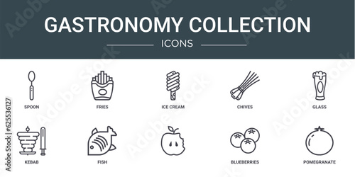 set of 10 outline web gastronomy collection icons such as spoon, fries, ice cream, chives, glass, kebab, fish vector icons for report, presentation, diagram, web design, mobile app