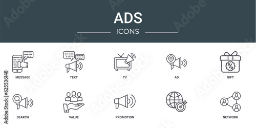 set of 10 outline web ads icons such as message, text, tv, ad, gift, search, value vector icons for report, presentation, diagram, web design, mobile app