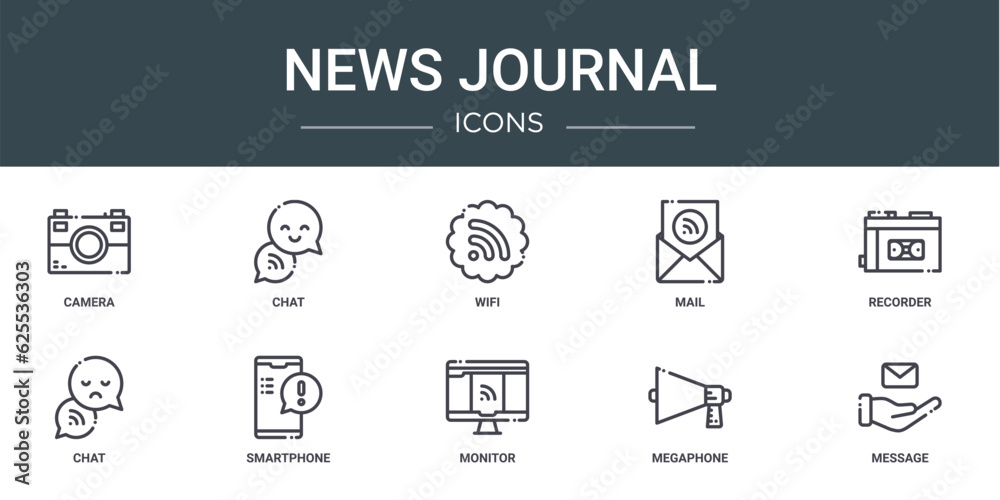 set of 10 outline web news journal icons such as camera, chat, wifi, mail, recorder, chat, smartphone vector icons for report, presentation, diagram, web design, mobile app