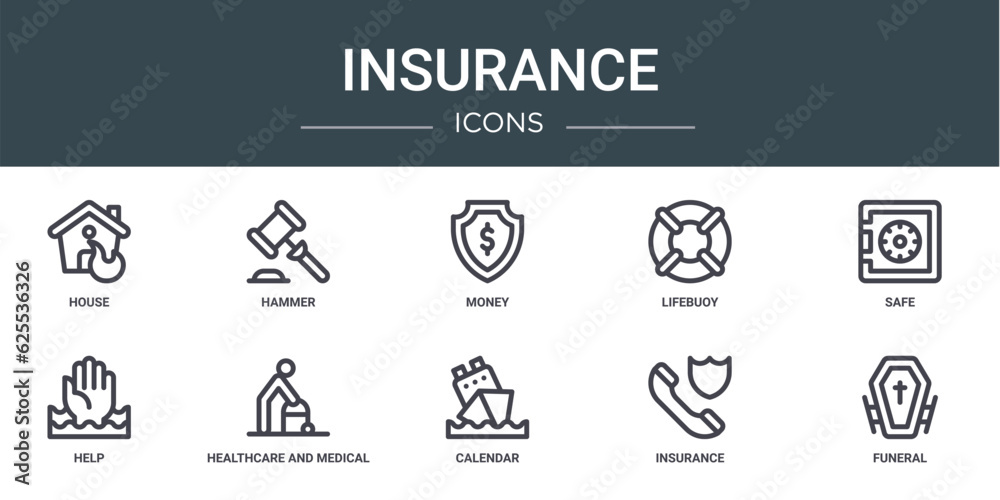 set of 10 outline web insurance icons such as house, hammer, money, lifebuoy, safe, help, healthcare and medical vector icons for report, presentation, diagram, web design, mobile app