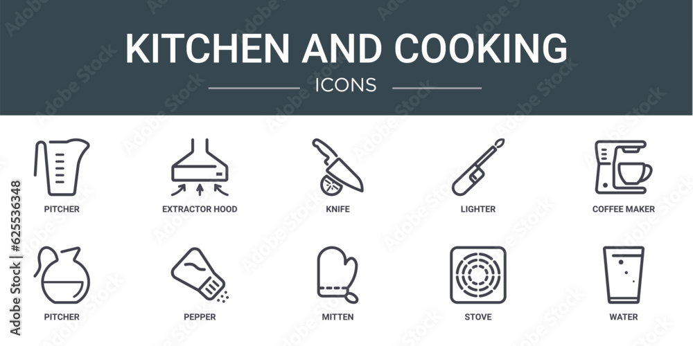 set of 10 outline web kitchen and cooking icons such as pitcher, extractor hood, knife, lighter, coffee maker, pitcher, pepper vector icons for report, presentation, diagram, web design, mobile app set of 10 outline web kitchen and cooking icons such as pitcher, extractor hood, knife, lighter, coffee maker, pitcher, pepper vector icons for report, presentation, diagram, web design, mobile app