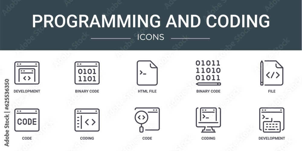 set of 10 outline web programming and coding icons such as development, binary code, html file, binary code, file, code, coding vector icons for report, presentation, diagram, web design, mobile app