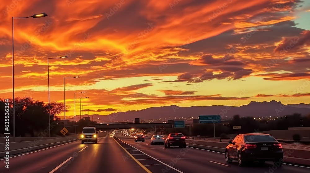 Sunset at the arizona freeway, in the style of vibrant and lively hues. Generative AI
