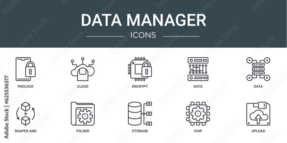 set of 10 outline web data manager icons such as padlock, cloud, encrypt, data, data, shapes and, folder vector icons for report, presentation, diagram, web design, mobile app